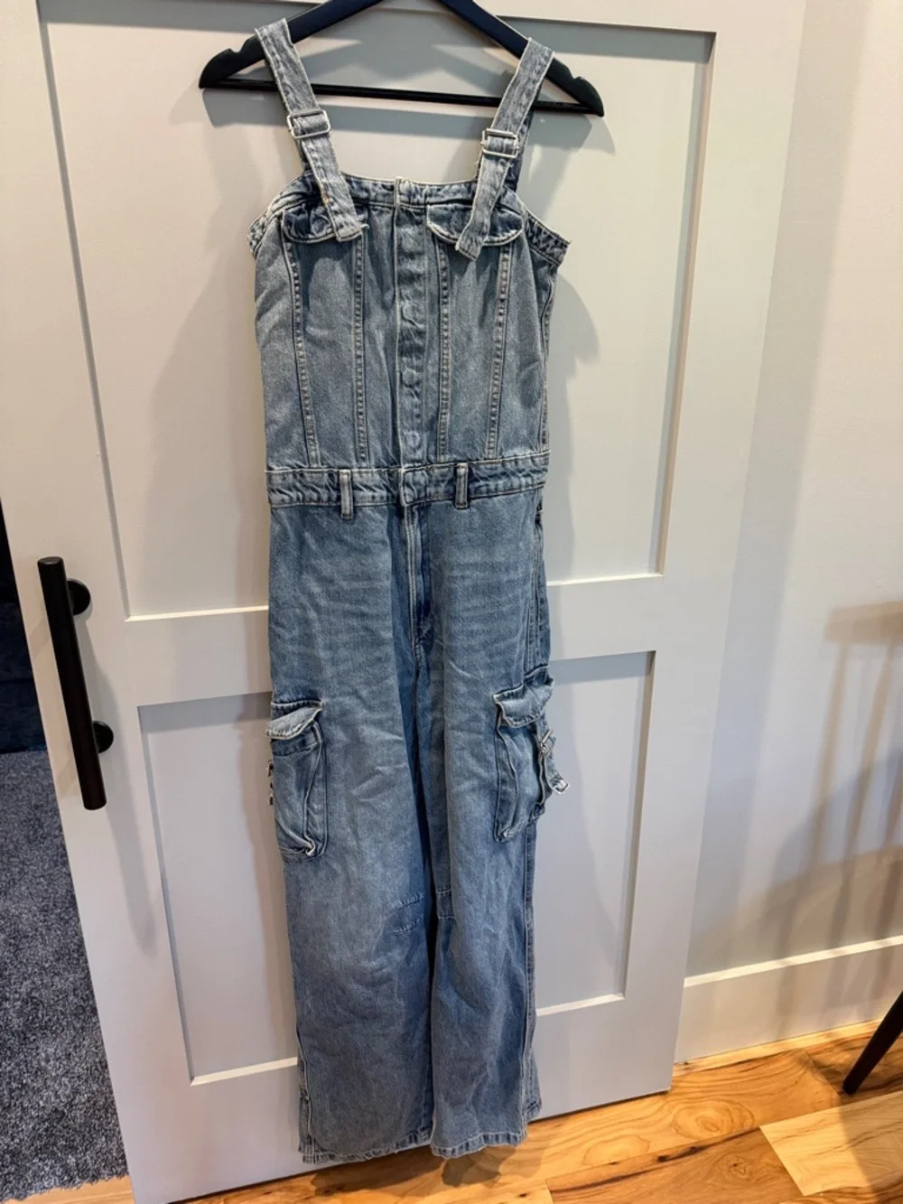 Zara Light Blue Denim Cargo Jumpsuit - Picture 1 of 8